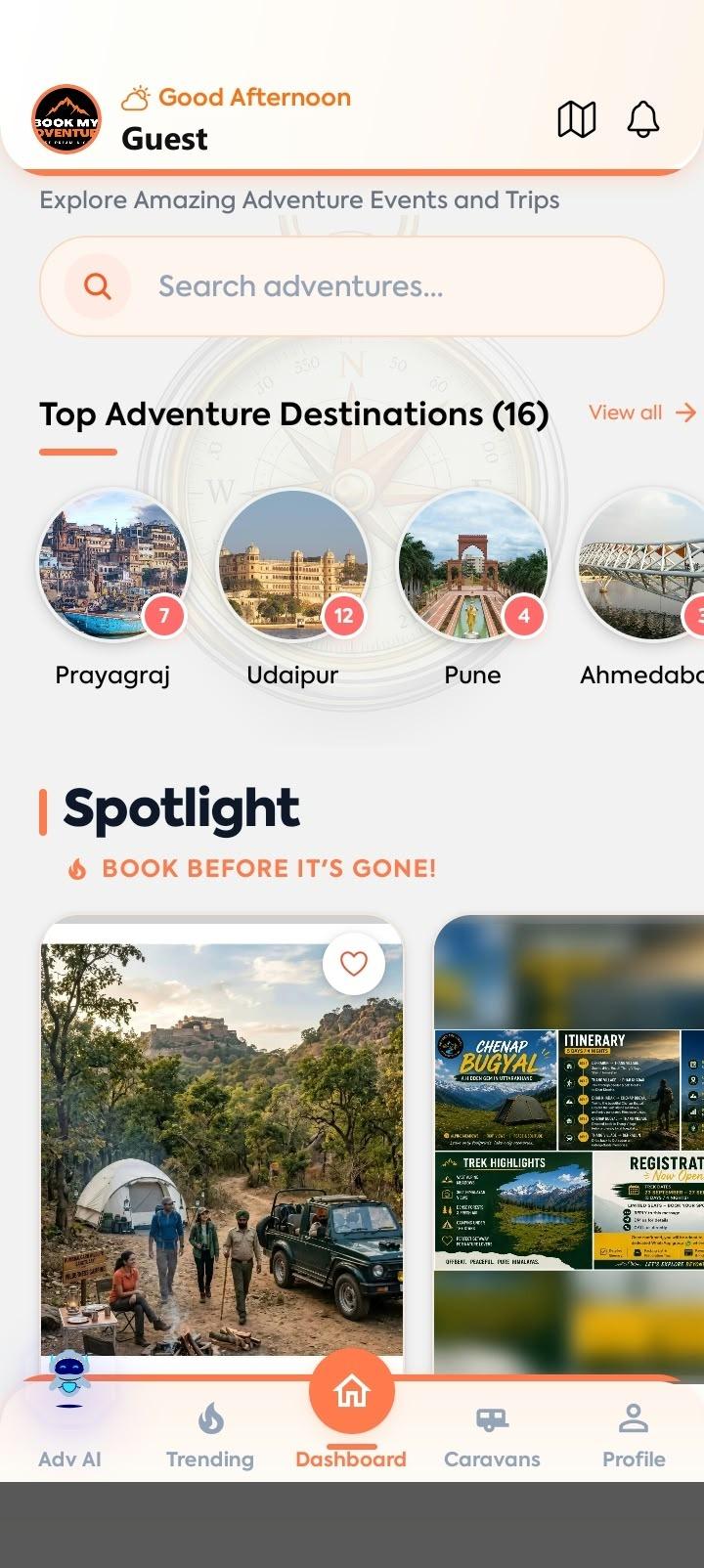 Book My Adventure app — home screen
